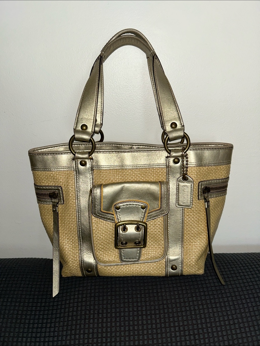 Coach Gold and Beige Woven Tote with Metallic Trim, EUC